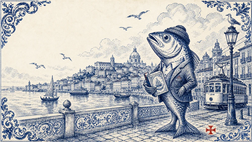 O Carapau, de gorro e casaco, a ler um manual junto ao Tejo